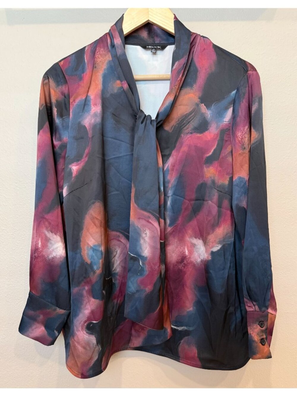 Misook Tie Neck Abstract Watercolor Crepe de Chine Long Sleeve Blouse XS Career